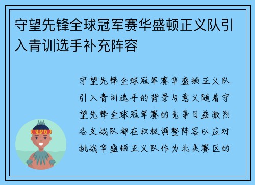 守望先锋全球冠军赛华盛顿正义队引入青训选手补充阵容
